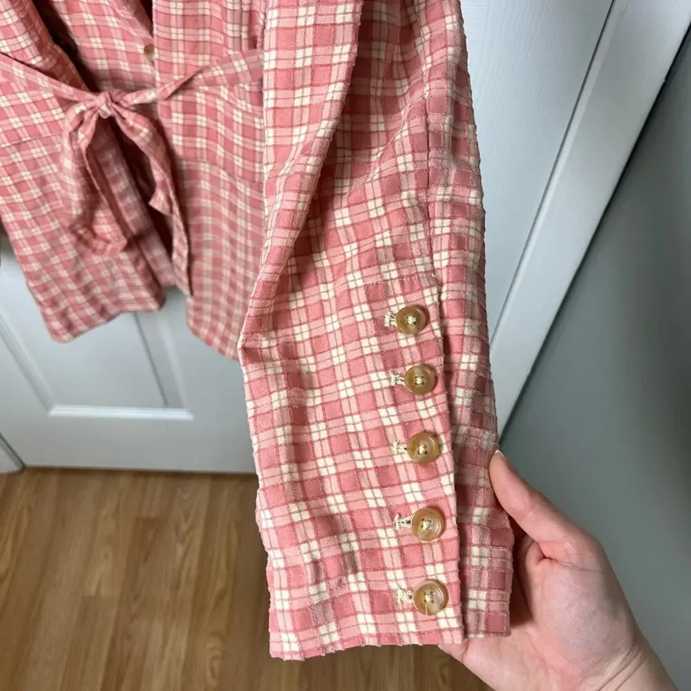 Free People Pink Cream Long Sleeve Button Waist Tie Olivia Gingham Blazer M